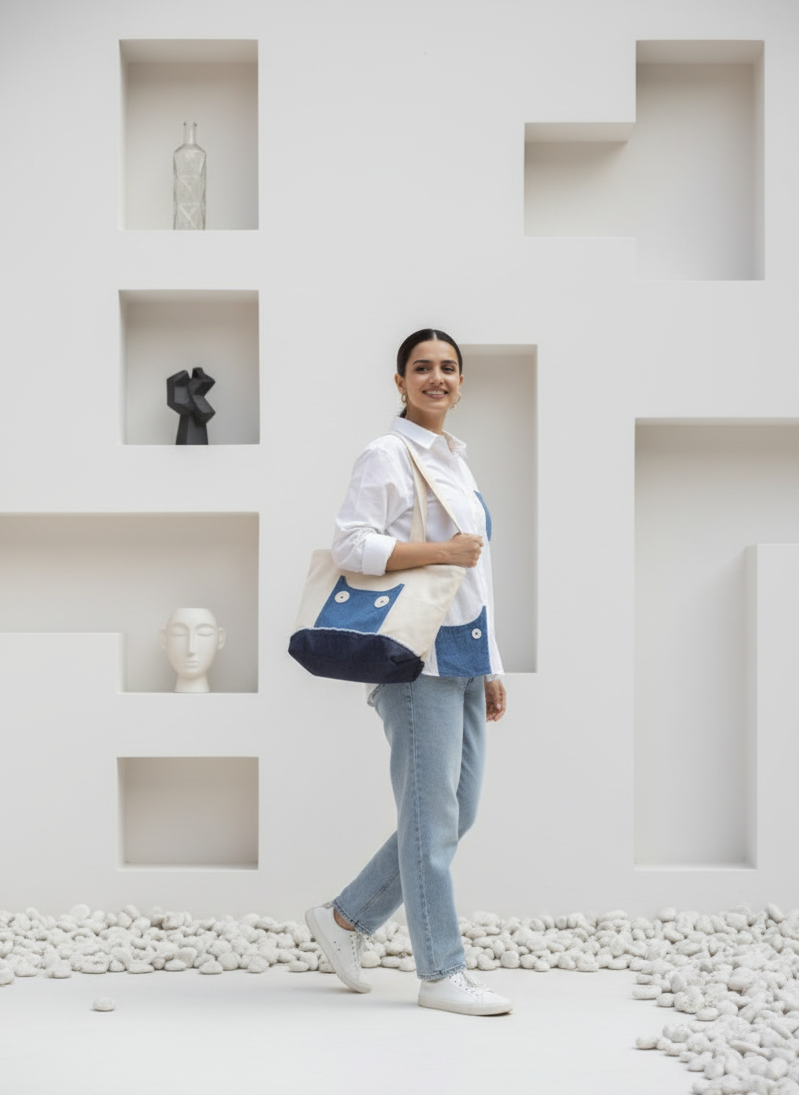 Woman holding a tote bag in a modern indoor setting with white walls and minimal decor.