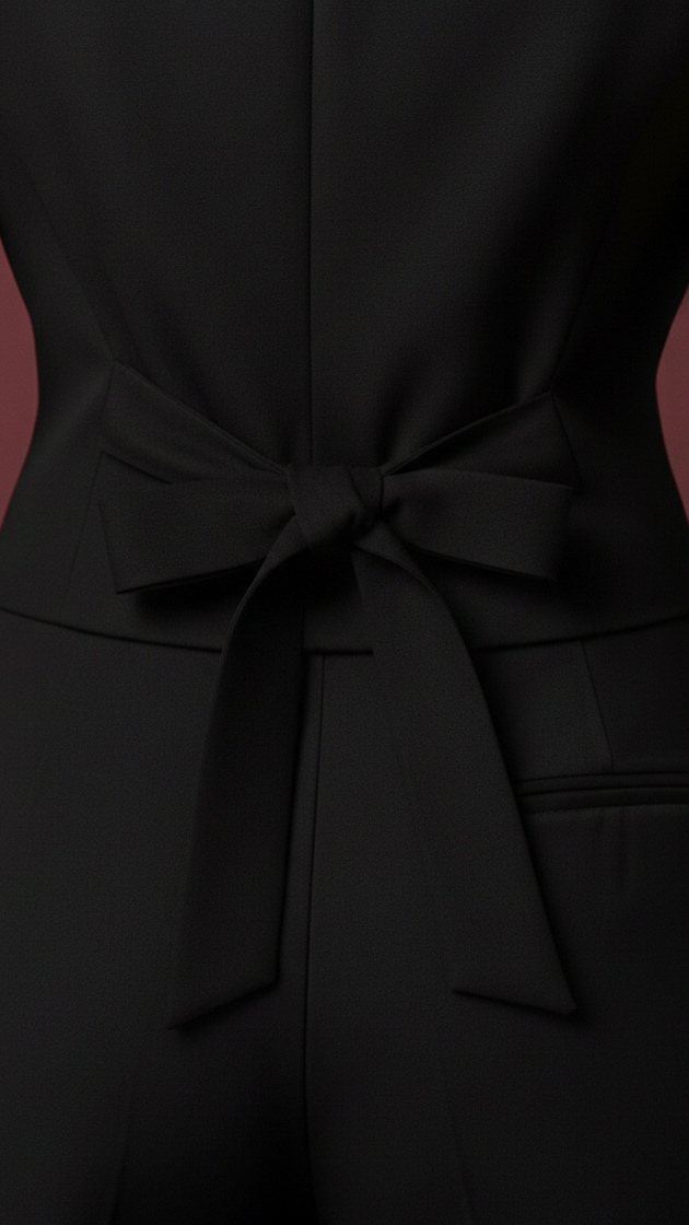Black dress with a tie waist on a plain background