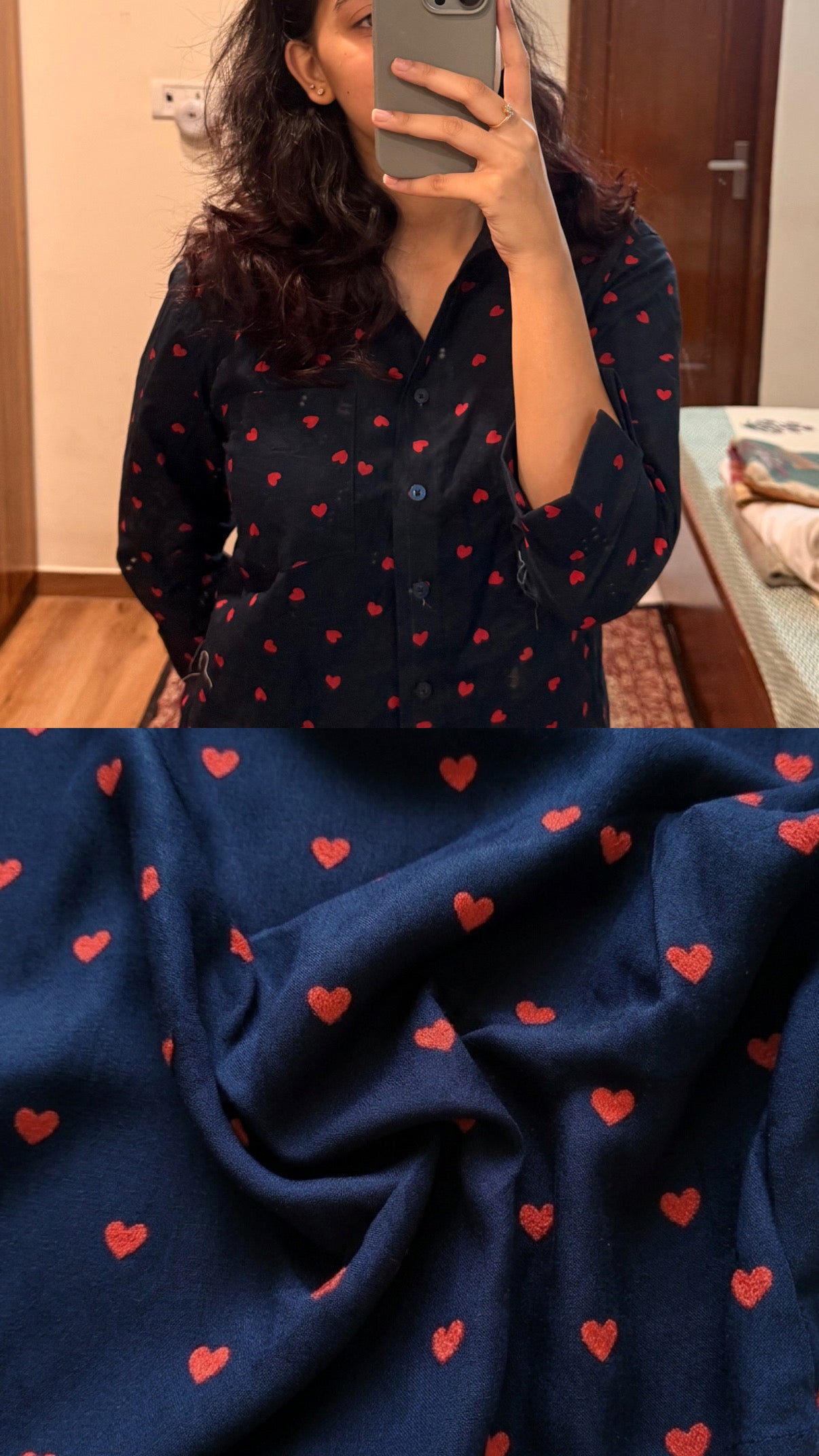 Person wearing a navy blue shirt with red heart patterns, followed by a close-up of the fabric.