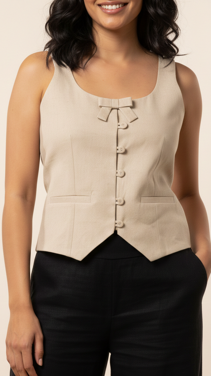 Woman wearing a beige sleeveless top with buttons and a bow detail on a beige background
