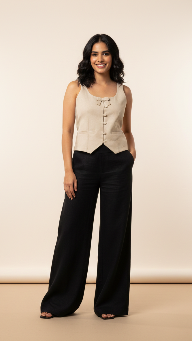 Woman wearing a beige sleeveless top and black pants against a beige background