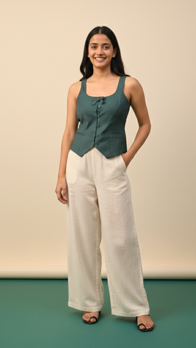 Woman wearing a green top and beige pants on a beige background