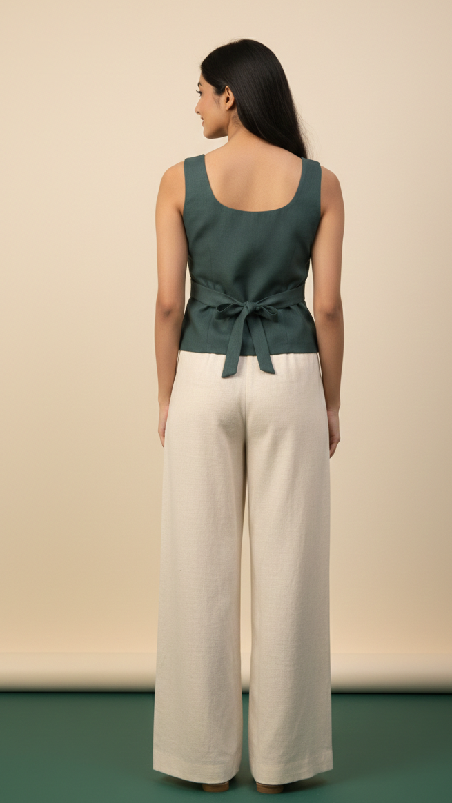 Woman wearing a green sleeveless top and white pants on a beige background
