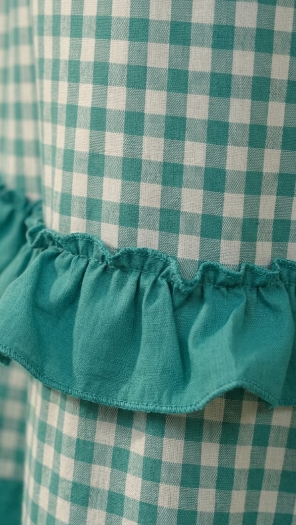 Green and white checkered dress with ruffled hem on a beige background