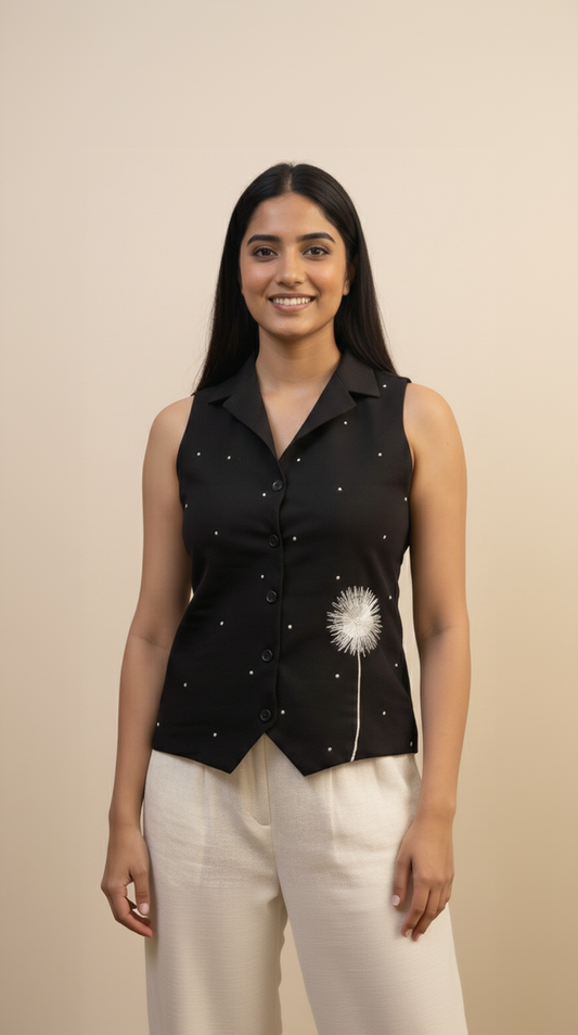 Woman wearing a black sleeveless embellished top with a beige background