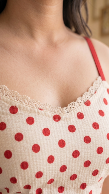 Red polka dot top worn by a person with a blurred background
