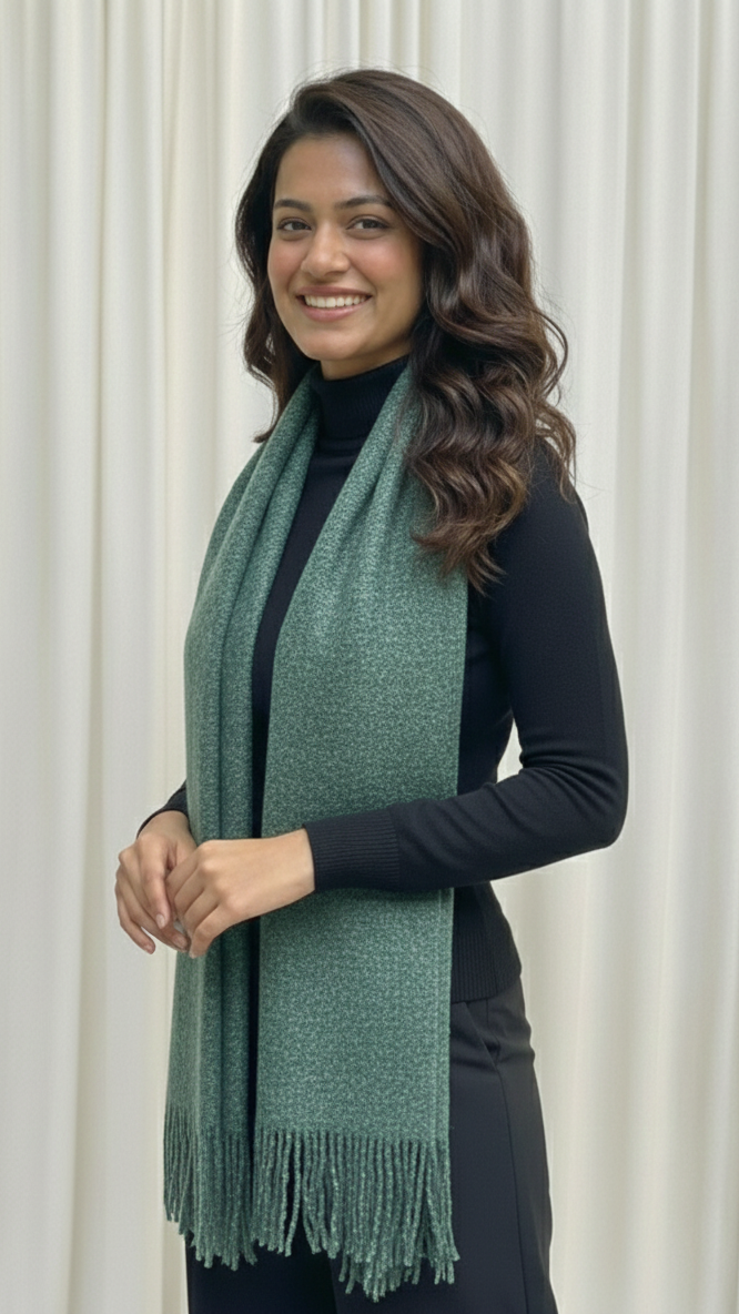 Woman wearing a green scarf in front of white curtains