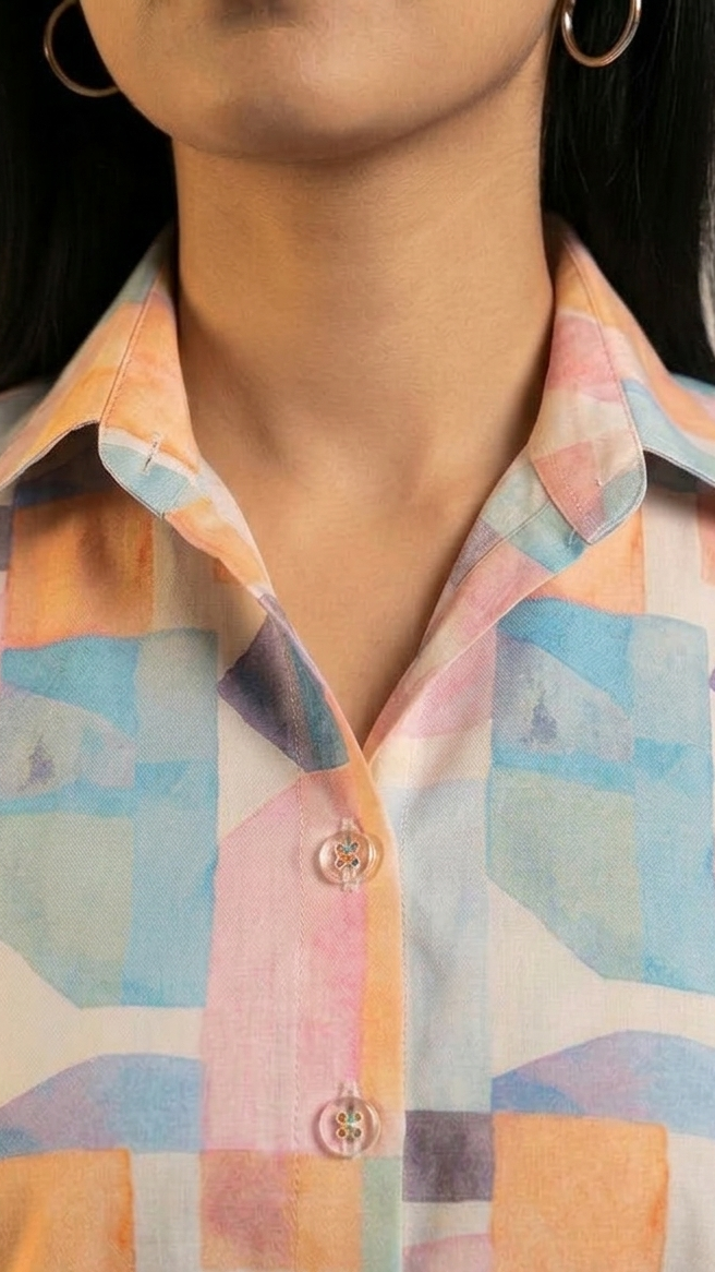 Close-up of a person wearing a colorful patterned shirt with a neutral background