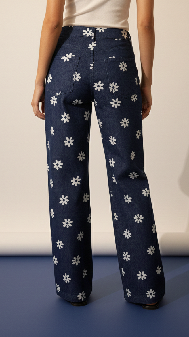 Navy blue pants with white floral pattern worn by a person on a plain background