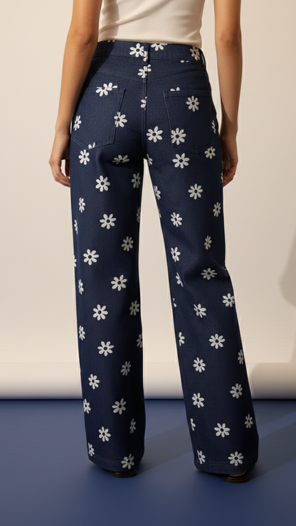 Navy blue pants with white floral pattern worn by a person on a plain background