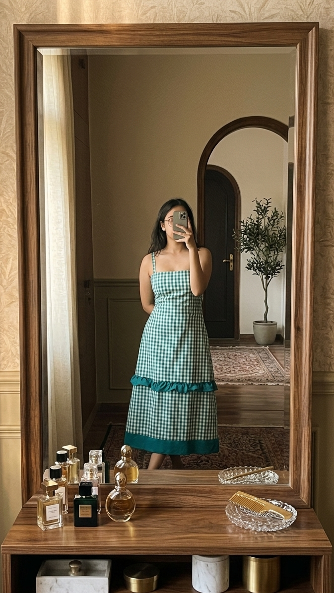 Woman taking a mirror selfie wearing a green checkered dress in a room with decorative elements.