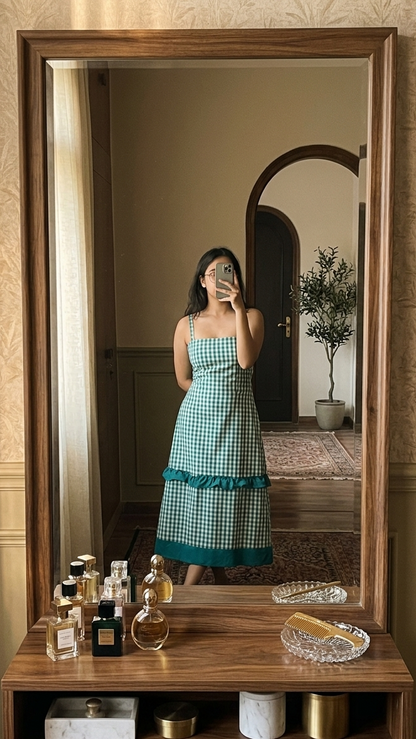 Woman taking a mirror selfie wearing a green checkered dress in a room with decorative elements.