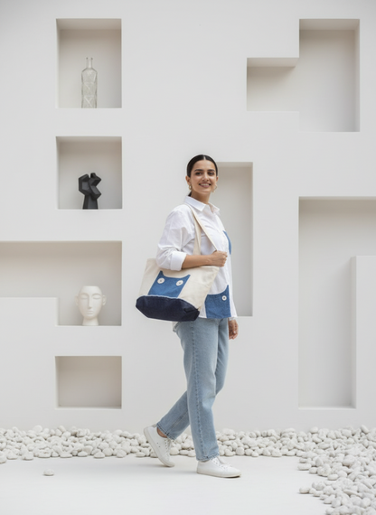 Woman holding a tote bag in a modern indoor setting with white walls and minimal decor.