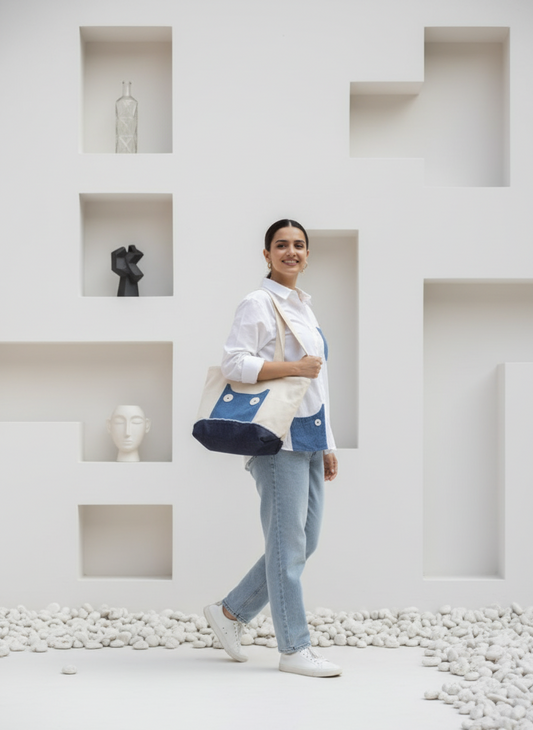 Woman holding a tote bag in a modern indoor setting with white walls and minimal decor.