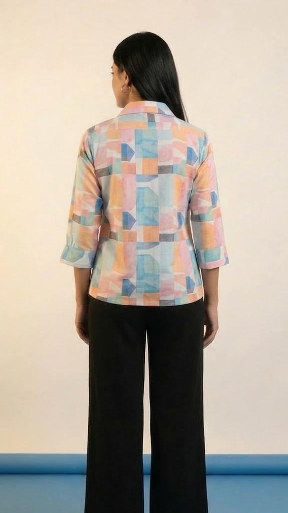 Person wearing a colorful geometric-patterned shirt and black pants on a plain background