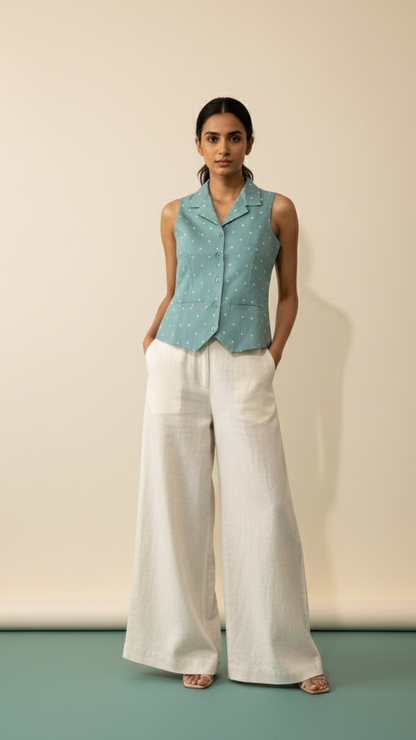 Woman wearing a light blue sleeveless blazer and white pants against a beige background