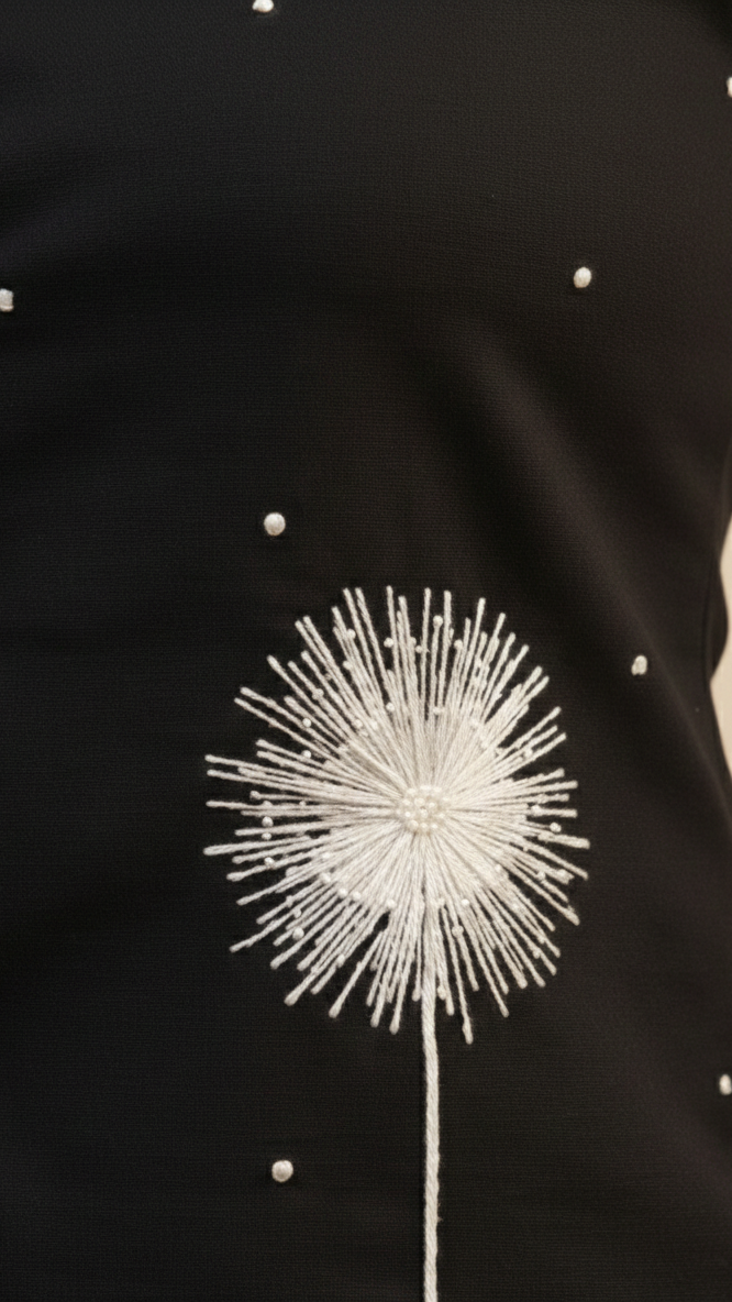 Black shirt with white embroidered dandelion design on a beige background
