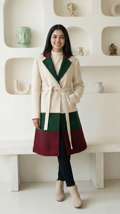 Woman wearing a color-blocked coat in a minimalistic room with shelves.