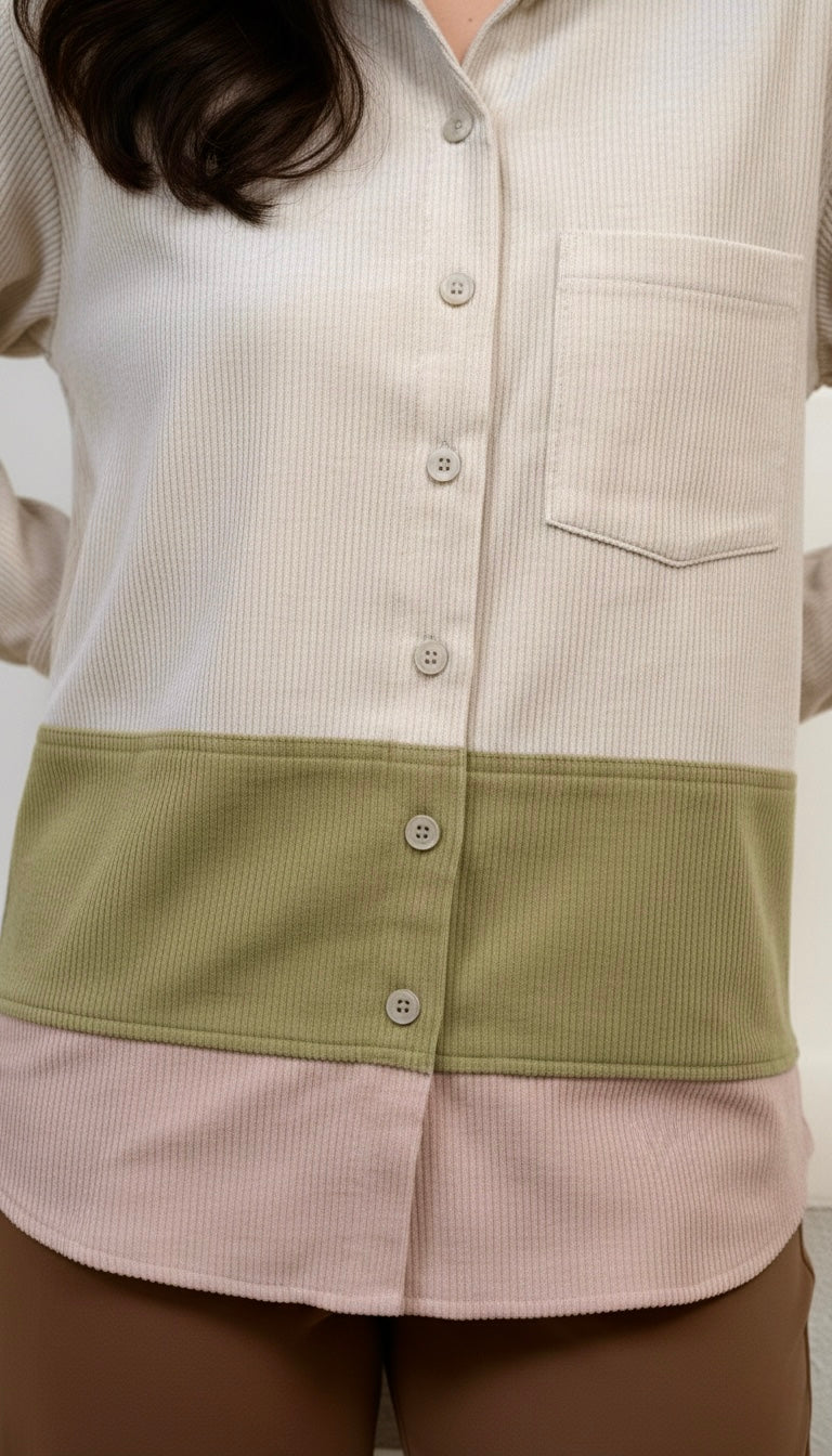 Close-up of a person wearing a shirt with a green and beige color block design.