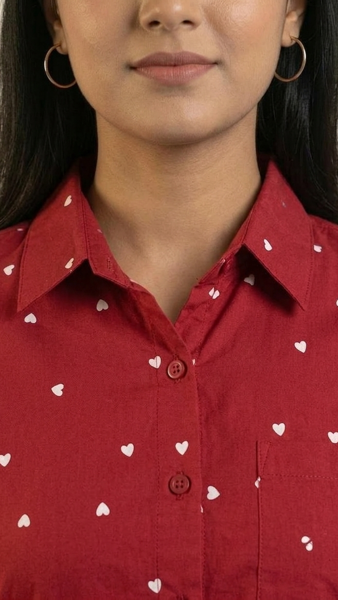 Red shirt with white heart patterns worn by a person against a beige background