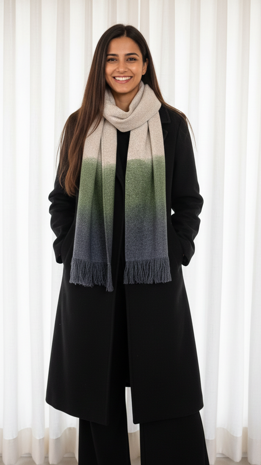 Woman wearing a long coat and gradient scarf in front of white curtains