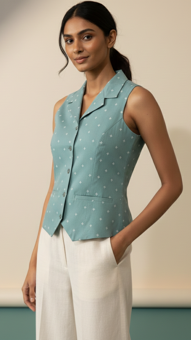Woman wearing a light blue sleeveless vest with white polka dots and white pants against a beige background.