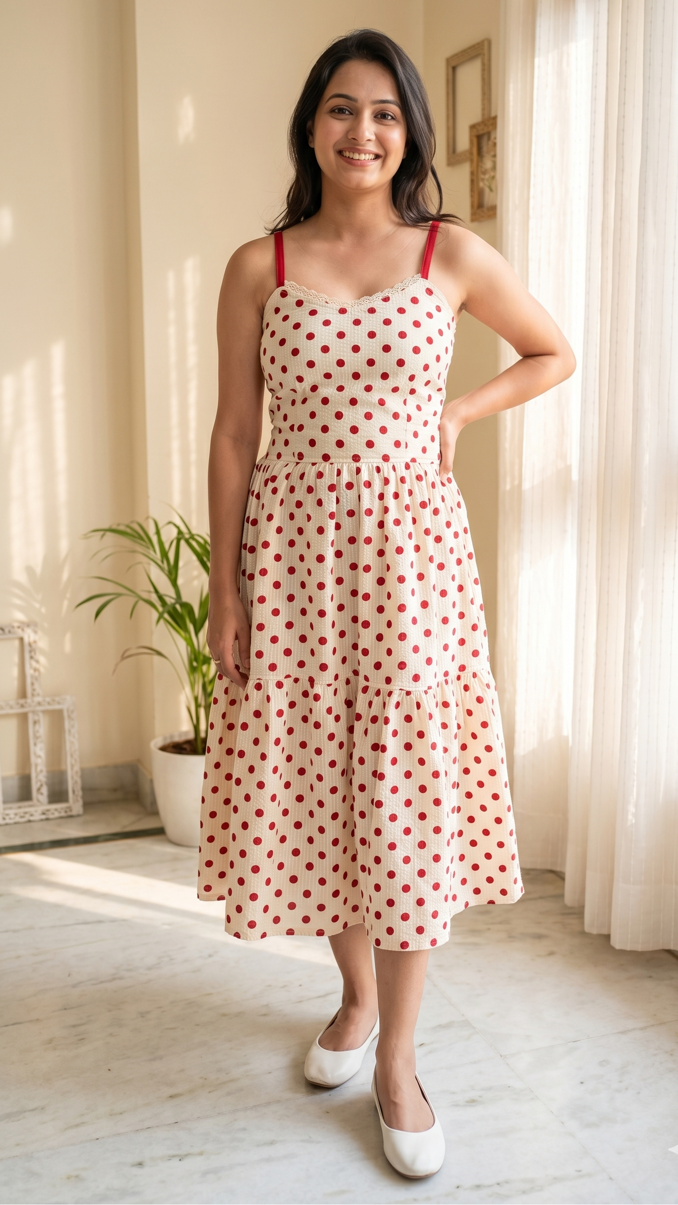Woman wearing a polka dot dress standing in a bright room with curtains and plants.