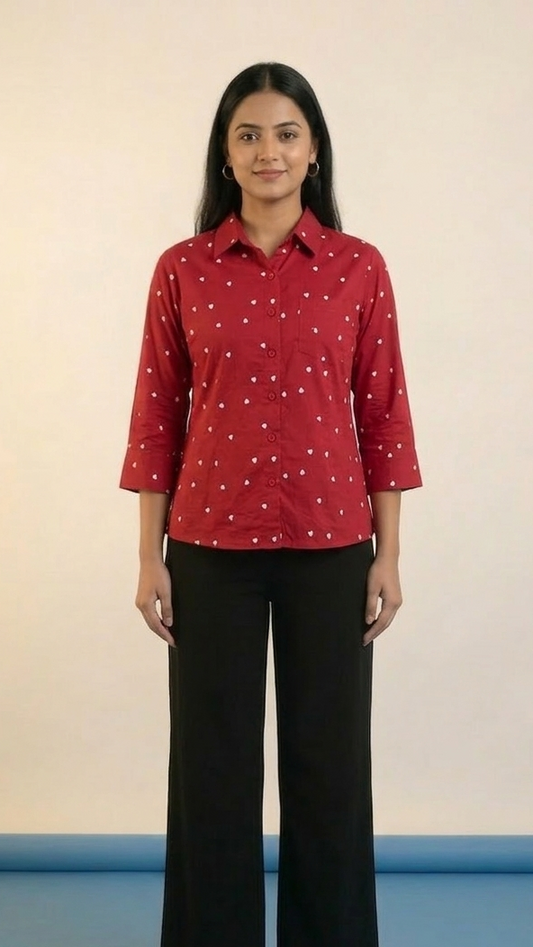 Woman wearing a red patterned shirt and black pants on a plain background