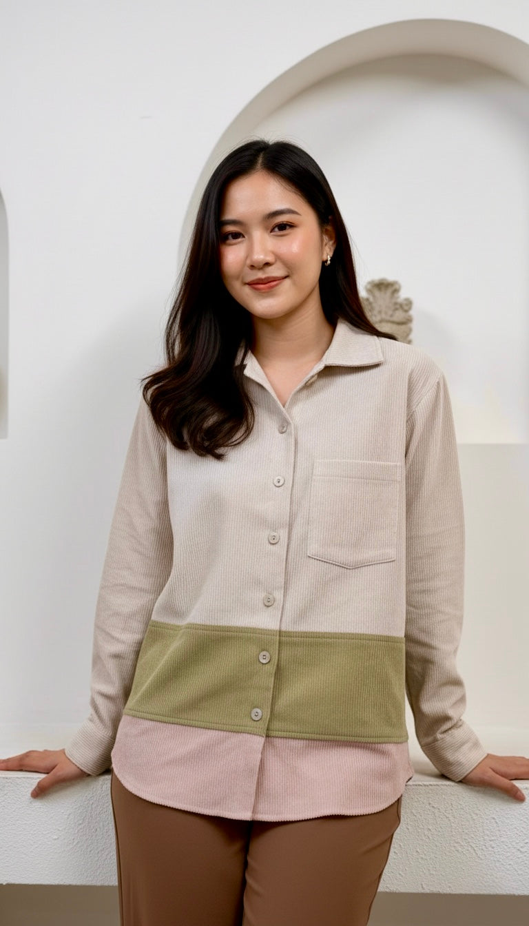 Woman wearing a beige and pink shirt with a green panel against a white background