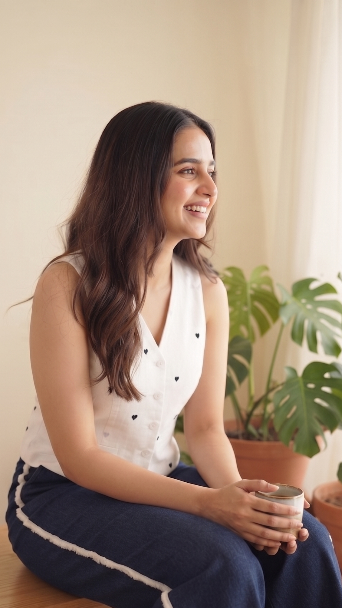 A woman sitting on a wooden bench in a bright room, wearing a white sleeveless top with small black dots and navy wide-leg pants with white side stripes. She is holding a glass cup, with potted plants in the background.