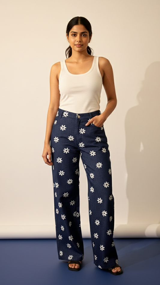 Woman wearing a white tank top and navy pants with white floral pattern on a plain background