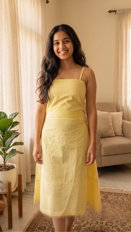 Woman in a yellow dress standing in a living room with plants and furniture.