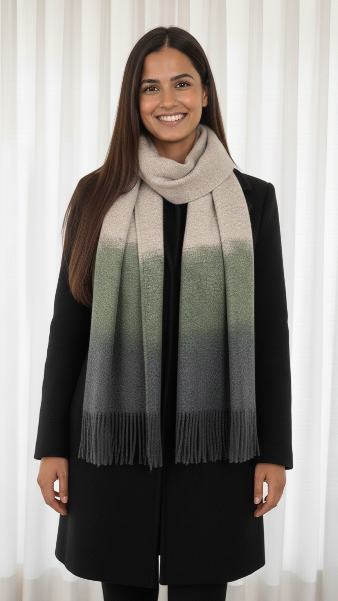 Woman wearing a gray gradient scarf in front of white curtains
