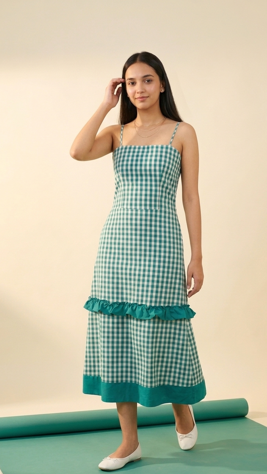 Woman wearing a green checkered dress with ruffled hem on a beige background
