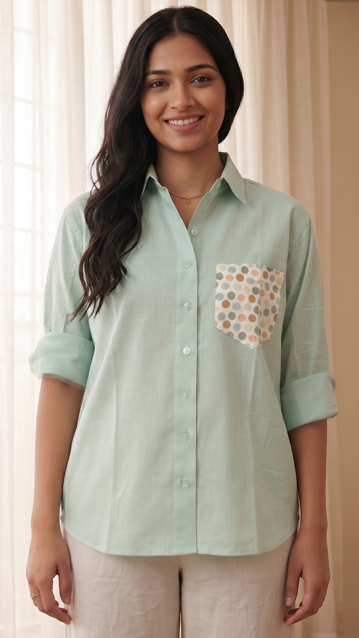Woman wearing a light green shirt with a pocket design against a neutral background
