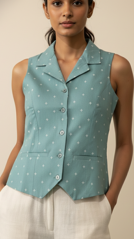 Woman wearing a light blue sleeveless jacket with star pattern on a beige background