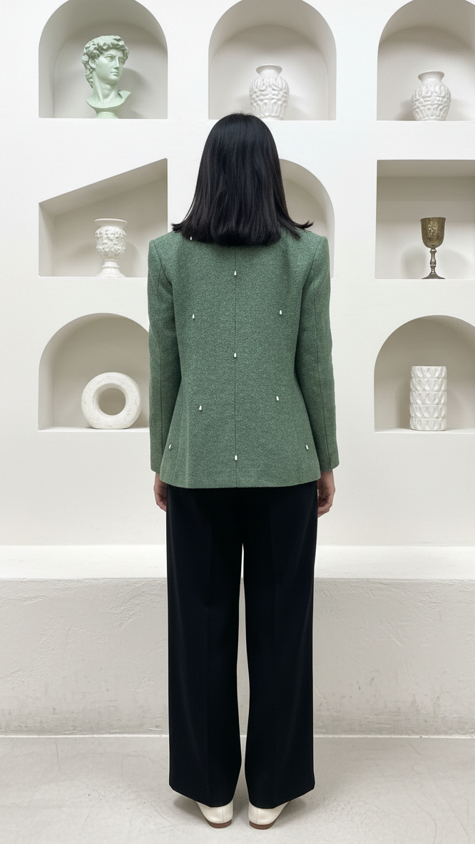 Person wearing a green blazer and black pants standing in front of a white wall with decorative shelves.