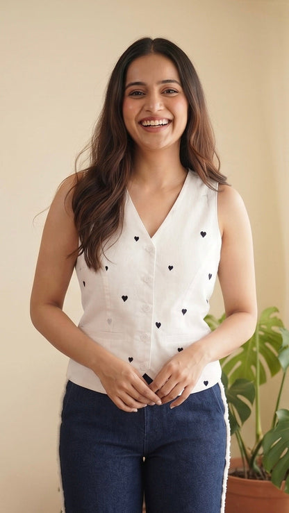 A woman stands indoors wearing a sleeveless white V-neck top with small black embroidered motifs and dark blue jeans with white side stripes. The room has beige walls, a window with white curtains, and several potted green plants.