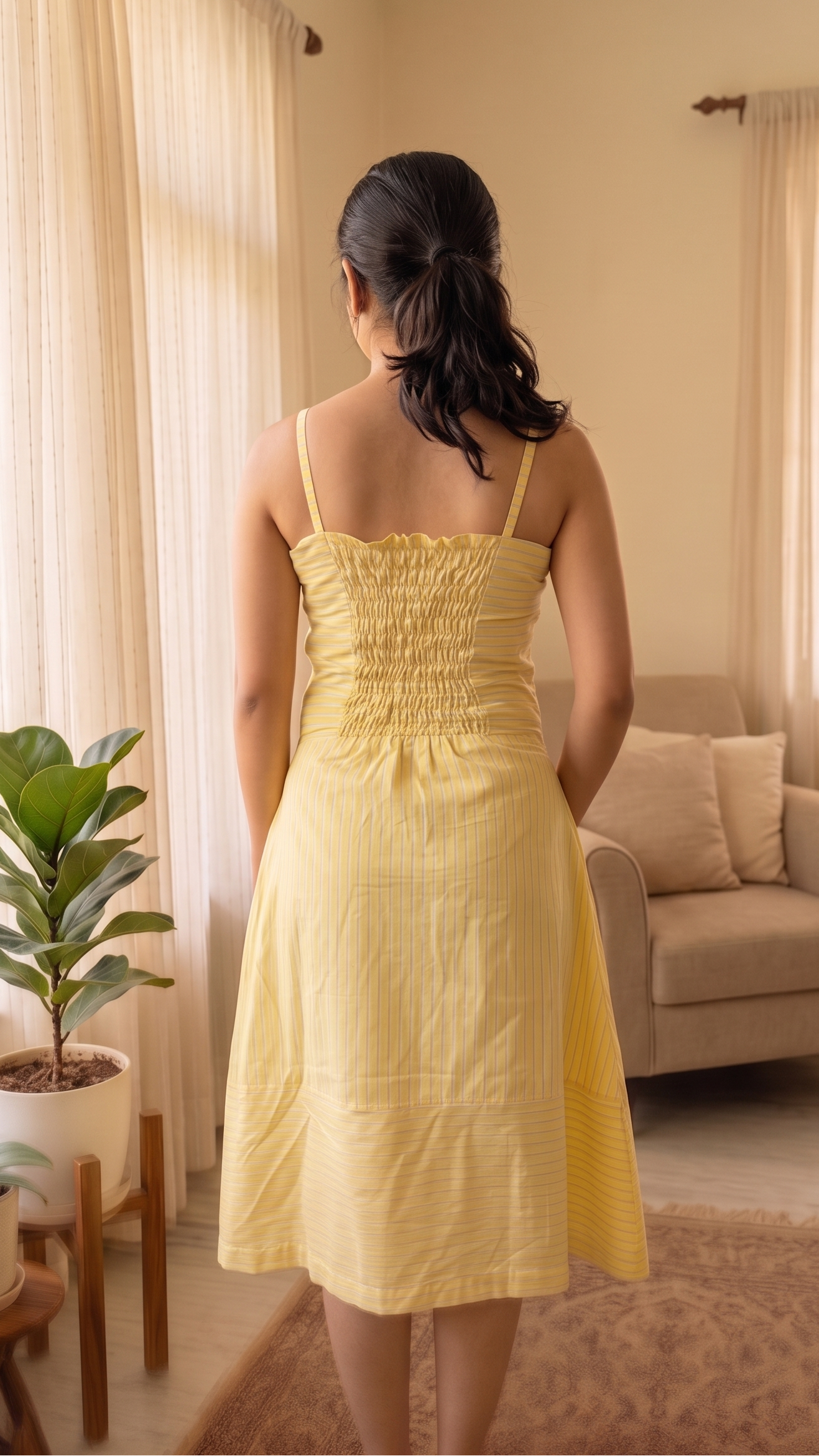 Woman in a yellow dress standing in a living room with curtains and a plant.