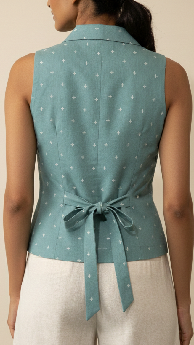 Woman wearing a teal sleeveless top with white star pattern and tie waist, standing against a beige background.