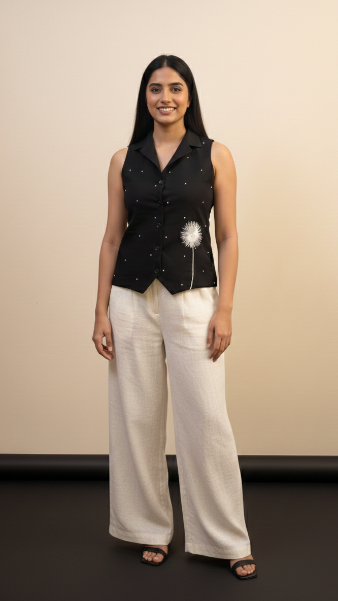 Woman wearing a black sleeveless top with white pants against a beige background