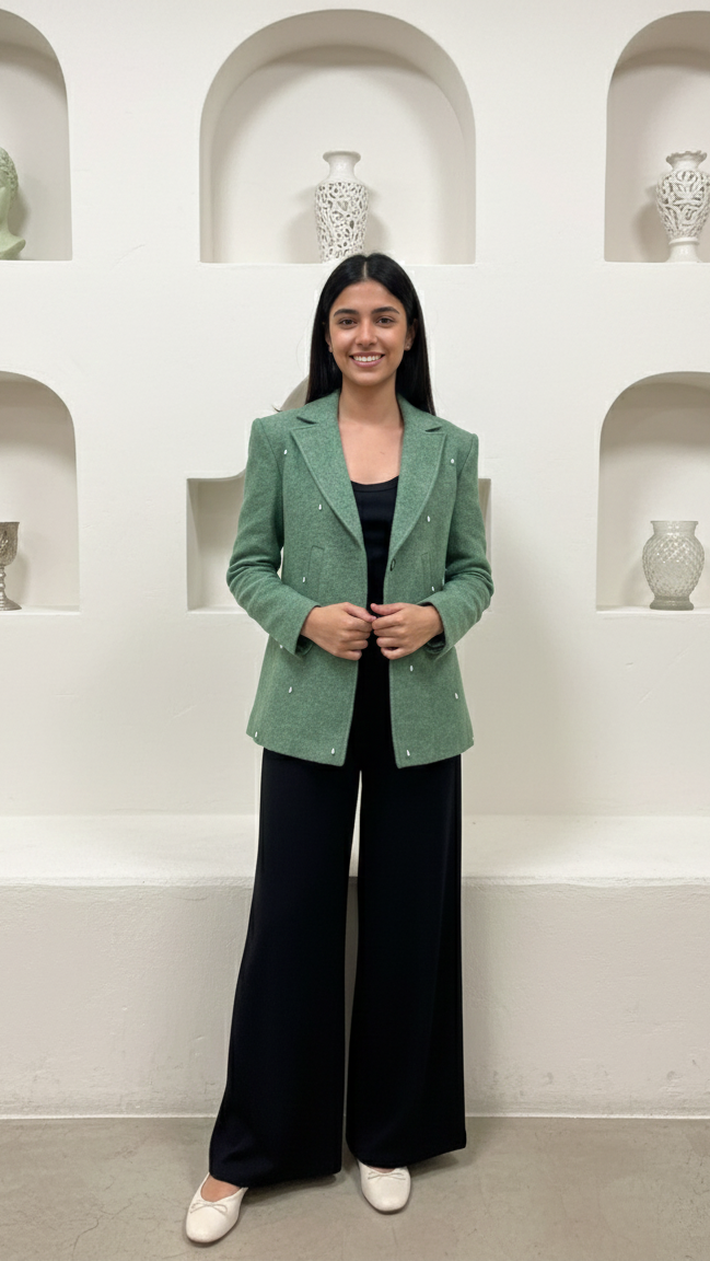 Woman wearing a green blazer and black pants standing in a white room with shelves.