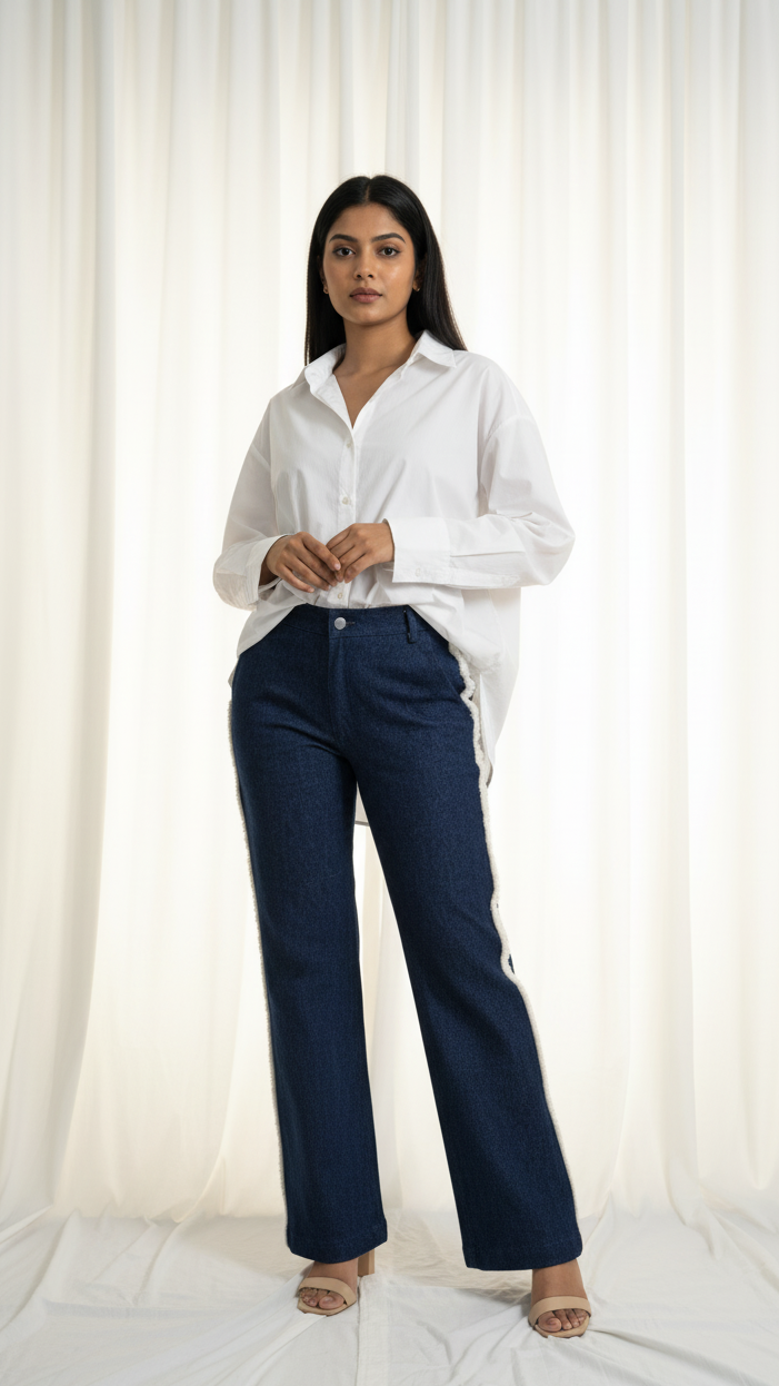 Woman wearing a white shirt and navy pants against a white curtain background