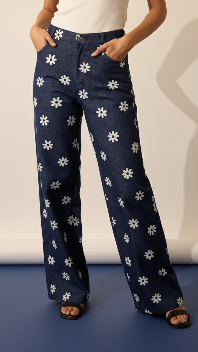 Navy blue pants with white floral pattern worn by a person on a plain background