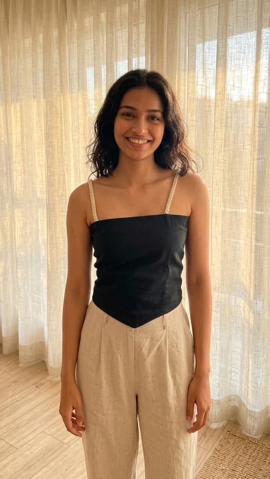 Woman wearing a black top and beige pants standing in a room with sheer curtains and a plant.