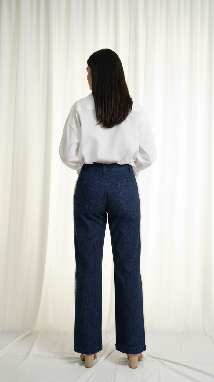 Person wearing a white blouse and navy pants standing against a white curtain.