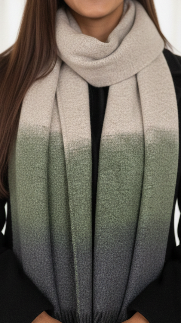 Woman wearing a large, gradient scarf with neutral and green tones.