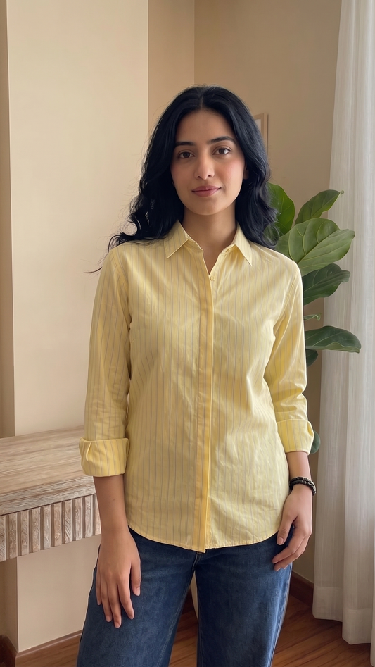 Woman wearing a yellow shirt and blue jeans standing indoors.