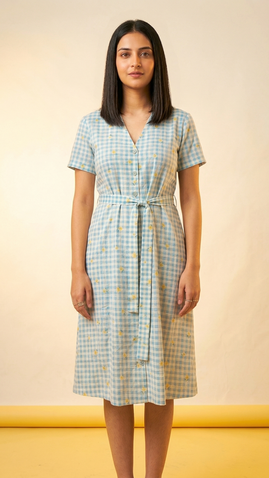 Woman wearing a light blue checkered dress against a beige background