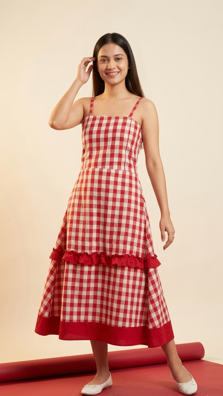 Woman wearing a red and white checkered dress with ruffled layers on a beige and red background